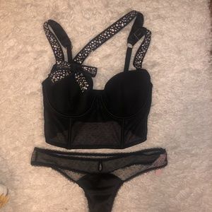 VS Holiday Silver Rhinestone Embellished Longline Demi Bra & Thong Set 34D/L New